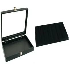 Black Glass Top Jewelry Case w/ 1 Black 7-Slot Plastic Tray (Single metal latch)