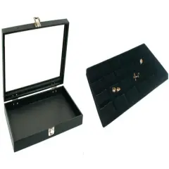 Black Glass Top Jewelry Case w/ 1 Black 24-Slot Plastic Tray(Single metal latch)
