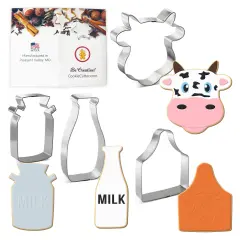 CookieCutter.com Dairy Farm Cow 4 Piece Cookie Cutters Set, Cow Face, Milk Bottle, Ear Tag, Milk Jug, Tin Plate Steel, USA