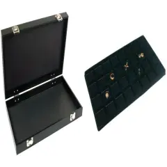 Black Jewelry Case (2xMetal Clasps &Removable Lid) w/ Black 32-slot Plastic Tray