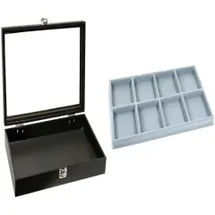 Black Glass-top Jewelry Case (Single metal latch) w/ Gray 8-slot Plastic Tray