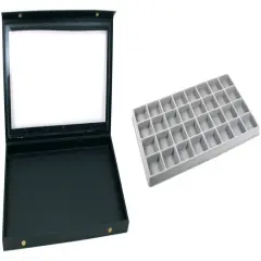 Black Glass Top Jewelry Case (Snap close lid) w/ Gray 32-slot Plastic Tray