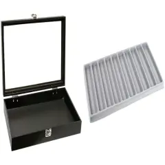 Black Glass-top Jewelry Case (Single metal latch) w/ Gray 10-slot Plastic Tray