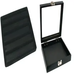 Black Sqaure Glass-top Case (Single Metal Latch) w/ Black 5-slot Plastic Tray