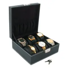 6 Watch Black Faux Leather Jewelry Display Case Box