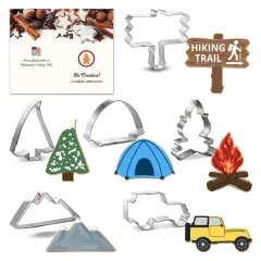 CookieCutter.com 6 Piece Mountain Camping Cookie Cutter Set Campfire, Mountains, Woodland Tree, SUV Military Off Road Vehicle, Metal Shapes Made in USA, Silver
