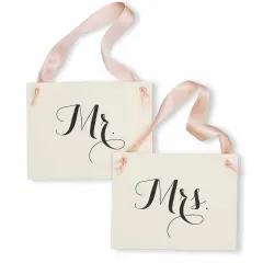 Ritzy Rose Mr. and Mrs. Chair signs - Black on 11x8in White Linen Cardstock with Blush Pink Ribbon