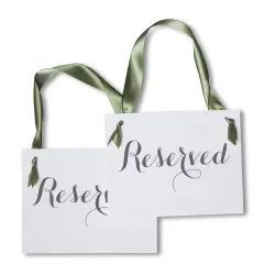 Ritzy Rose 2 Reserved Signs - Black on 11x8in Ivory Linen Cardstock with Moss Green Ribbon