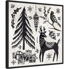 Woodcut Christmas V by Daphne Brissonnet Canvas Wall Art Print Framed Black