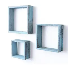 Rustic Farmhouse Reclaimed Wooden Open Square Wall Shelves (Set of 3) Blue