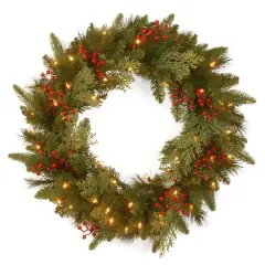 24" Feel Real&reg; Classical Collection Wreath with Red Berries, Cedar Leaves & Warm White LED Lights