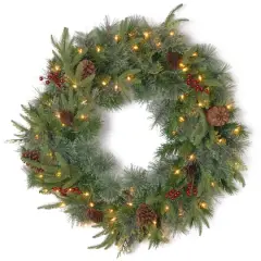 24" Feel Real&reg; Colonial Wreath with Pine Cones, Red Berries & Dual Color LED Lights