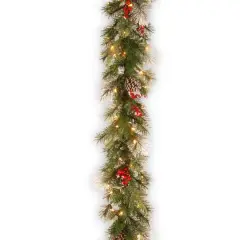 9ft. Pre-lit Feel Real&reg; Wintry Berry Collection Artificial Christmas Garlands with Big Pine Cones, Red Berries & Snowy Bristle with 70 Clear Lights