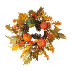 24" Autumn Harvest Decorative Artificial Fall Leaves, Pinecones, Pumpkins and Berries Wreath