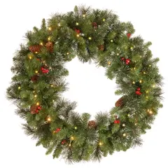 30" Crestwood&reg; Spruce Wreath with Pine Cones, Red Berries, Glitter & Clear Lights