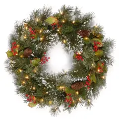 24" Wintry Pine&reg; Wreath with Pine Cones, Red Berries, Snowflakes & Clear Lights
