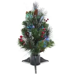 18" Fiber Optic Color Changing Ice Crestwood Artificial Christmas Tree with Silver Bristle, Pineones, Red Berries & Glitter