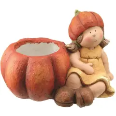 Fall Harvest Sitting Girl with Pumpkin Pot Tabletop Decoration
