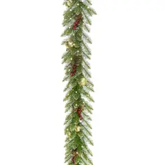 9'x 10" Pre-lit Glittery Gold Dunhill&reg; Fir Artificial Christmas Garland w/ Red Berries, Gold Edged Cones, Gold Ornaments & Warm White Battery Operated LED Lights w/Timer