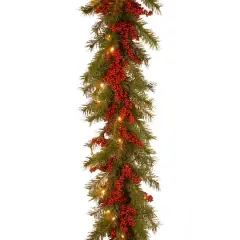 9' X 14" Pre-lit Decorative Collection Valley Pine Artificial Christmas Garland with Red Berries and 50 Soft White Battery Operated LEDs with Timer