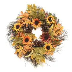 24" Unlit Autumn Harvest Fall Leaves, Berries, Pinecones & Sunflowers Artificial Wreath