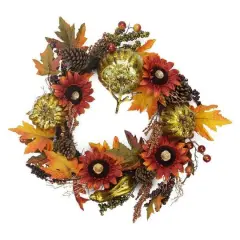 24" Unlit Gold Pumpkin & Red Sunflower Autumn Harvest Thanksgiving Artificial Wreath 