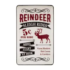 Glitzhome&reg; Reindeer Sleigh Rides Farmhouse Metal Enamel Sign