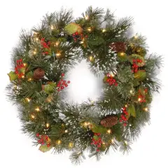 24" Wintry Pine&reg; Wreath with Pine Cones, Red Berries, Snowflakes & Warm White LED Lights