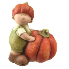 Fall Harvest Boy Holding Artificial Pumpkin Thanksgiving Tabletop Decoration