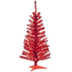 4ft. Pre-Lit Red Tinsel Artificial Christmas Tree, Clear Lights