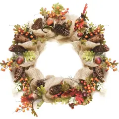 18" Unlit Autumn Harvest Berry, Leaves, Acorns, Pinecones & Burlap Artificial Wreath
