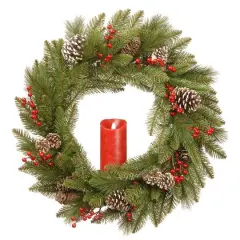 24" Feel Real&reg; Bristle Berry Wreath with Red Electronic Candle, Red Berries & Cones