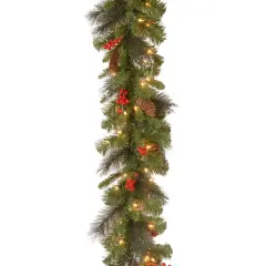 9ft. Pre-Lit Crestwood&reg; Spruce Garland with Silver Bristle, Cones, Red Berries and Glitter with 50 Clear Lights