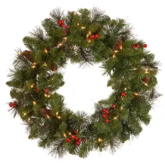 24" Crestwood&reg; Spruce Wreath with Silver Bristle, Pine Cones, Red Berries & Glitter with Clear Lights