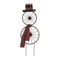 Glitzhome&reg; 36" Metal Christmas Bike Wheel Snowman Plaid Scarf Yard Stake