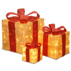 Set of 3 Gold Gift Boxes, Clear Lights