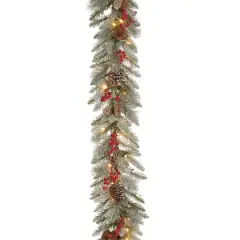 9'x12" Pre-lit Feel Real&reg; Snowy Bristle Berry Artificial Christmas Garland with Red Berries, Mixed Cones & Clear Lights