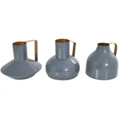 CosmoLiving by Cosmopolitan Blue Metal Abstract Enameled Vase with Geometric Gold Handle Set