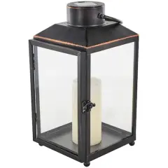 14" Black Metal Modern Candle Lantern with Gold Accents