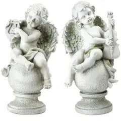 14.75" White Cherub Angels with Instruments Sitting Set on Finials Outdoor Garden Statues