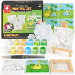 Arteza&reg; Kids Canvas Paint Kit, 4 Mini Canvas- 3 x 3 with Easel, Dinosaurs