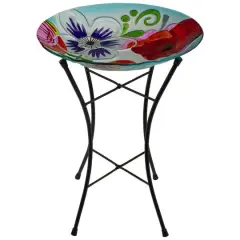 21'' White and Blue Hand Painted Floral Glass Birdbath