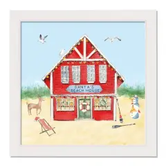 18" Santa's Beach House Christmas White Framed Wall Canvas