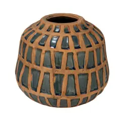 Hello Honey&reg; 7.75" Natural & Blue Debossed Terra Cotta Vase