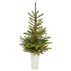4.5ft. Pre-Lit Layered Washington Spruce Artificial Christmas Tree In White Planter, Clear LED Lights