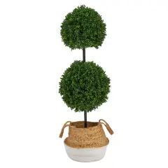 3.5ft. Boxwood Double Ball Artificial Topiary Tree in Boho Chic Handmade Cotton & Jute White Woven Planter UV Resistant (Indoor/Outdoor)