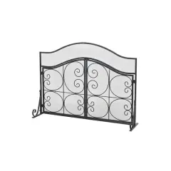 41" Black Metal Scroll Arched 1-Panel 2-Door Fireplace Screen with Mesh Backing
