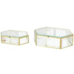 Clear & Gold Beveled Glass & Metal Wide Hexagon Jewelry Box with Chain Accent Set