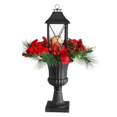 33" Christmas Berries & Poinsettia with Large Lantern & LED Candle in Decorative Urn