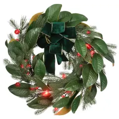 24" LED Berry Pre-Lit Magnolia Mixed Pine Wreath